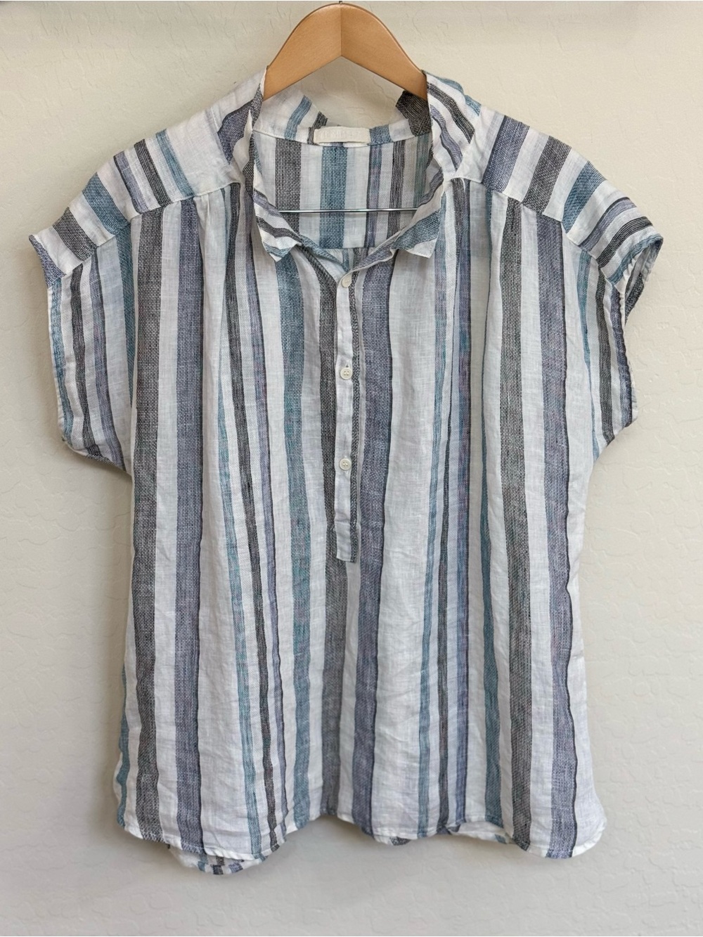 CP Shades Striped 100% Linen Popover Shirt Blouse Cap Sleeve Blue White M L